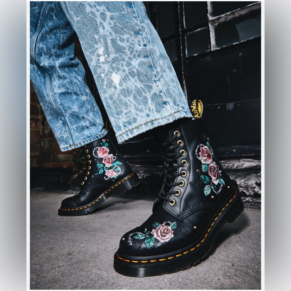 Dr. Martens Black Leather Combat Boots with Pink Rose Embroidery